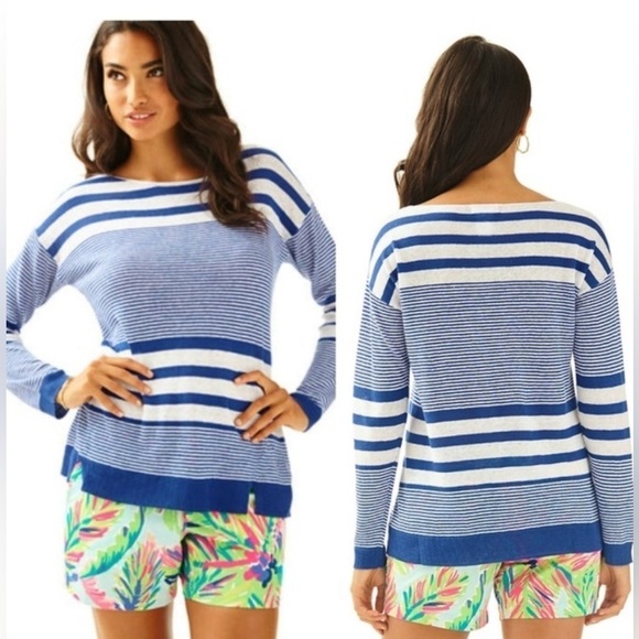 Lilly Pulitzer Sweaters - Lilly Pulitzer Camilla Linen Stripe Boatneck Sweater  Blue Exotic Garden XS